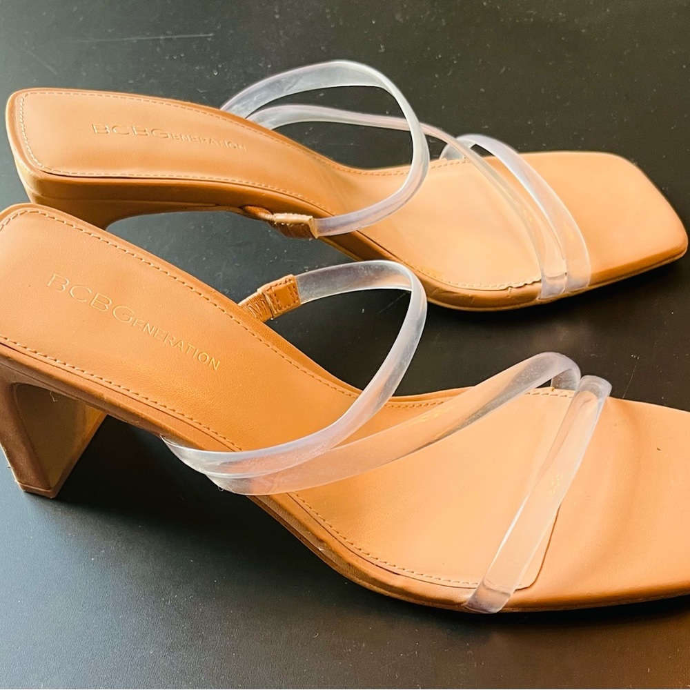 BCBGeneration Women's Heels in Tan with Clear Straps